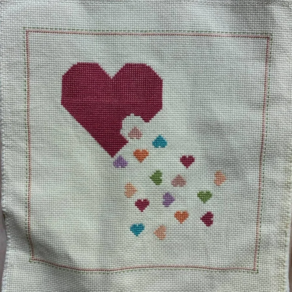 Lot of 2 Handmade Cross Stitch Heart Themed Square Artwork Ready to Frame Art